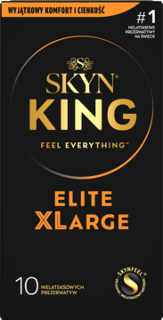 Czarne opakowanie prezerwatyw Skyn King Elite XLarge z 10 szt., ze złotymi napisami i logo, widok z przodu.
