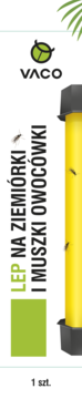 Żółty, pionowy lep VACO na ziemiórki i muszki owocówki, z owadami, w zbliżeniu na tle zieleni.