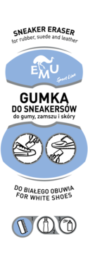 Niebieska etykieta Emu Sport Line "Sneaker Eraser" do białych butów, gumy, zamszu i skóry.