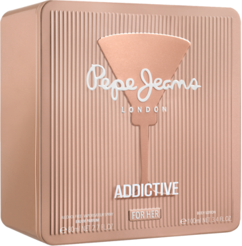 Pepe Jeans Addictive For Her, różowozłote metalowe pudełko z wytłoczonym kieliszkiem i tekstem, widok z przodu.