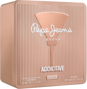 Pepe Jeans Addictive For Her, różowozłote metalowe pudełko z wytłoczonym kieliszkiem i tekstem, widok z przodu.