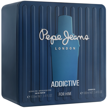 Granatowa metalowa puszka perfum Pepe Jeans London ADDICTIVE FOR HIM 100ml, z pionowymi żłobieniami, widok z przodu.