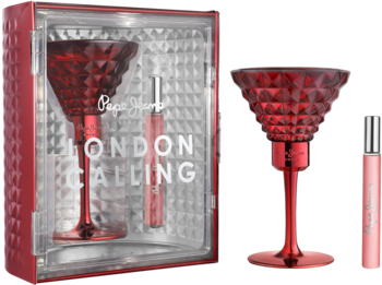 Pepe Jeans London Calling for Her, zestaw perfum. Czerwony, fasetowany flakon i miniatura obok opakowania.