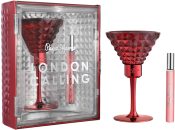 Pepe Jeans London Calling for Her, zestaw perfum. Czerwony, fasetowany flakon i miniatura obok opakowania.