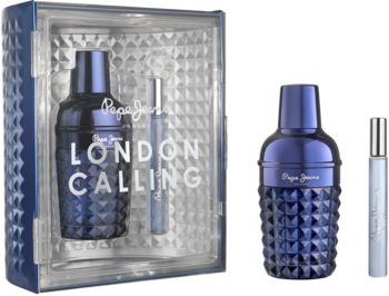 Zestaw Pepe Jeans London Calling for Him, perfumy męskie 100ml z fakturą i 10ml miniatura, widok obok siebie.