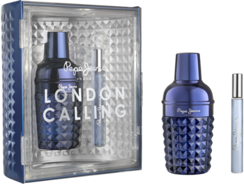 Zestaw Pepe Jeans London Calling for Him, perfumy męskie 100ml z fakturą i 10ml miniatura, widok obok siebie.