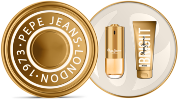 Pepe Jeans Bright Intense For Her zestaw: złota woda perfumowana i balsam, na okrągłym tle z logo London.