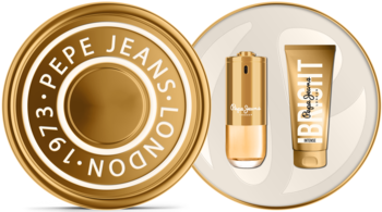 Pepe Jeans Bright Intense For Her zestaw: złota woda perfumowana i balsam, na okrągłym tle z logo London.