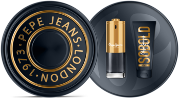 Zestaw Pepe Jeans Sobold Intense Him: okrągłe wieczko z logo, obok flakon EDP i żel w czarno-złotych opakowaniach.