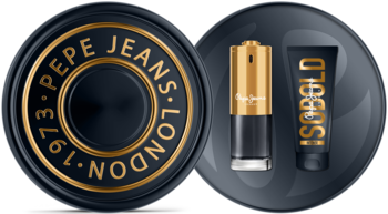 Zestaw Pepe Jeans Sobold Intense Him: okrągłe wieczko z logo, obok flakon EDP i żel w czarno-złotych opakowaniach.