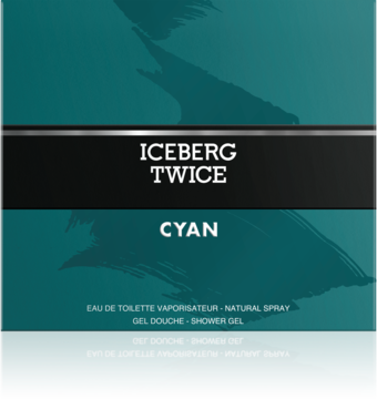 Turkusowe pudełko zapachu Iceberg Twice Cyan z srebrno-czarnymi pasami i napisami, widok z przodu.