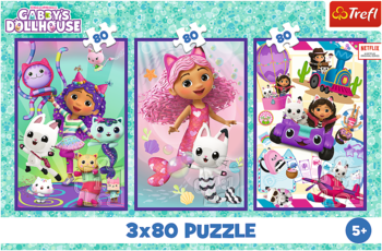 Trefl Gabby's Dollhouse 3x80 puzzle. Widok z przodu na kolorowe opakowanie z Gabby i jej przyjaciółmi w 3 scenach.