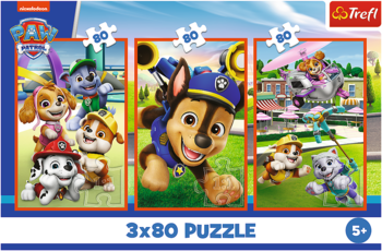 Trefl Paw Patrol 3x80 puzzle, trzy sceny z bohaterami Psiego Patrolu na niebieskim opakowaniu, dla dzieci 5+