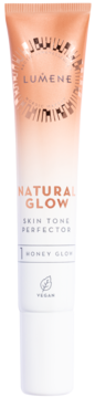 Lumene Natural Glow Skin Tone Perfector Honey Glow w tubce. Widok z przodu, z połyskującą, brzoskwiniową górą i białym dołem. Wegański.