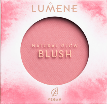 Lumene Natural Glow Blush Berry Glow. Róż prasowany wegański w różowym pudełku z białym okręgiem, widok z przodu.