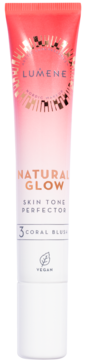 LUMENE Natural Glow 3 Coral Blush, róż w kremie, w tubce o koralowo-białym gradiencie, widok z przodu.