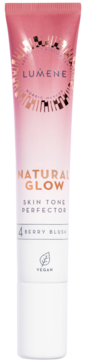 Lumene Natural Glow Skin Tone Perfector 4 Berry Blush, kremowy róż w pionowej różowej tubce z białym zamknięciem.