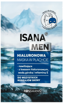 Isana Men Hialuronowa Maska w płachcie, granatowo-czarna saszetka na tle gór, widok z przodu, do zarostu.