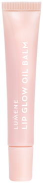 Różowy Lumene Lip Glow Oil Balm w tubce z pionowymi napisami, widok z przodu, delikatny połysk.