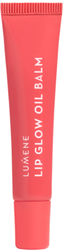 Lumene Lip Glow Oil Balm w koralowej tubce z ryflowaną zakrętką, pionowy widok z przodu. Tekst: LUMENE, LIP GLOW OIL BALM.