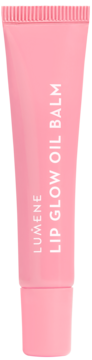 Jasnoróżowa tubka Lumene Lip Glow Oil Balm z białym tekstem, przód opakowania, odżywczy balsam do ust.