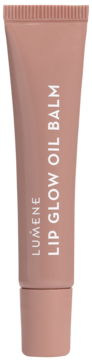 Lumene Lip Glow Oil Balm, beżowa tubka z pionowym białym napisem, widok z przodu. Odcień Honey, odżywczy.