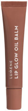 Tubka Lumene Lip Glow Oil Balm w beżowo-brązowym, matowym kolorze, z ryflowaną zakrętką, widok z przodu.