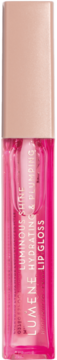 Lumene Luminous Shine Hydrating & Plumping lip gloss, przezroczyste opakowanie z różowo-złotą zakrętką, widok z przodu.