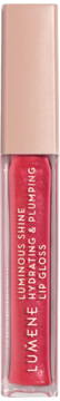 Różowy błyszczyk Lumene Luminous Shine Hydrating & Plumping w przezroczystej tubce ze złotą nakrętką.