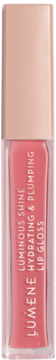 Różowy błyszczyk Lumene Luminous Shine Hydrating & Plumping w przezroczystej tubce, widok z przodu.