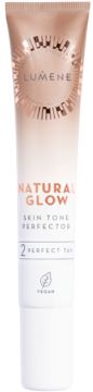 Lumene Natural Glow Skin Tone Perfector 2 Perfect Tan w tubce, różowo-złota góra z wzorem, biały dół, widok z przodu.