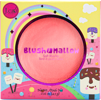 Róż J.CAT BEAUTY Blush-Mallow 105 Sweet Cloud 9, różowy, soft-matte, w okrągłym opakowaniu, w barwnym pudełku z tęczą.