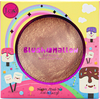 Róż J.CAT BEAUTY Blush-Mallow 111 Baby Mochi, złocisto-miedziany, w pudełku z tęczą i piankami, widok z przodu.