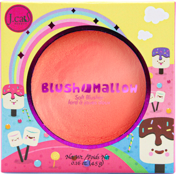 Róż kremowo-pudrowy J.CAT BEAUTY Blush-Mallow 112 Tutti Fluffy w pastelowym pudełku z piankami, widok z przodu.