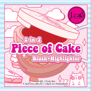 J.cat Beauty 2w1 Piece of Cake róż i rozświetlacz, różowe opakowanie z grafiką tortu i chmur, widok z przodu.