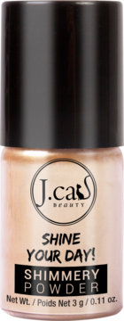 J.Cat Beauty Shimmery Powder 102 Vanilla, sypki pigment w przezroczystym słoiczku z czarną nakrętką, widok frontalny.
