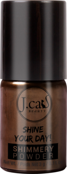 J.Cat Beauty Shimmery Powder Dark Wood, głęboki brąz z miedzianą poświatą, w słoiczku z czarną nakrętką.