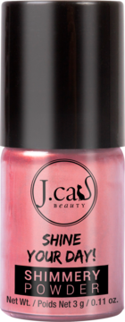 J.cats Beauty Shine Your Day! Sypki pigment 114 Cerise w różowej buteleczce z czarną nakrętką, widok z przodu.