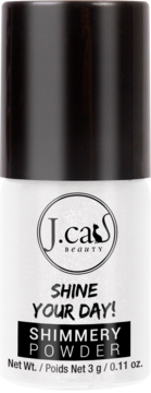 J.cat beauty Shimmery Powder Shine Your Day!, sypki srebrny pigment rozświetlający 3g, białe opakowanie z czarną nakrętką.