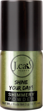 J.cats Beauty Shimmery Powder w odcieniu Green Tea Frapp, pastelowa zielona sypki pigment, przód opakowania.
