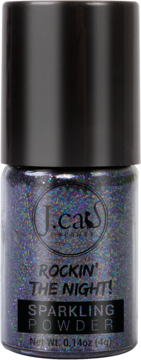 J.Cat Beauty Rockin' The Night! czarny sypki glitter w słoiczku, z kosmicznym błyskiem, widok z przodu.