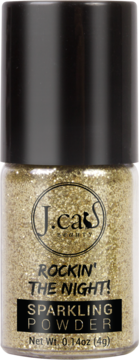Złoty, sypki pigment J.Cat Beauty Rockin' The Night! 211 Amazing Gold w małym słoiczku z czarną nakrętką, widok z przodu.