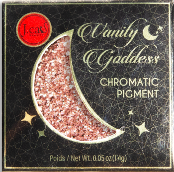 Czarna koperta J.Cat Vanity Goddess Chromatic Pigment z złotymi literami i księżycem wypełnionym różowo-złotym brokatem.