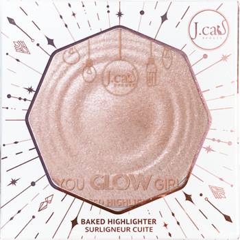 J.Cat Beauty You Glow Girl 104 Crystal Sand baked highlighter, z widocznym, wirującym wzorem, w białym pudełku.