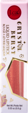 J.cats Crystal Burst Liquid Lipstick, połyskujący różowy w białym opakowaniu z złotymi detalami, widok z przodu.