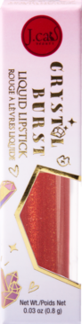 J.Cat Beauty Crystal Burst shimmering copper liquid lipstick in white packaging with gold accents, front view.
