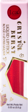 J.cat Crystal Burst glittery liquid lipstick, vibrant red/magenta, white packaging with gold text, showing contents, front view.
