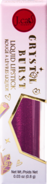 J.cats Crystal Burst Liquid Lipstick, pionowe opakowanie z okienkiem ukazującym metaliczny burgund.