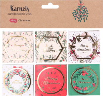 Zestaw 12 samoprzylepnych kartek świątecznych z napisem "Merry Christmas", sześć wzorów z motywami zimozielonymi i złotymi ramkami.