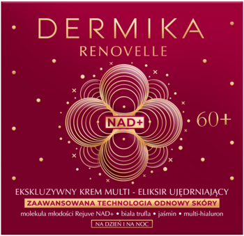 Dermika Renovelle 60+ ujędrniający krem multi-eliksir do cery dojrzałej, w bordo opakowaniu ze złotym wzorem NAD+.